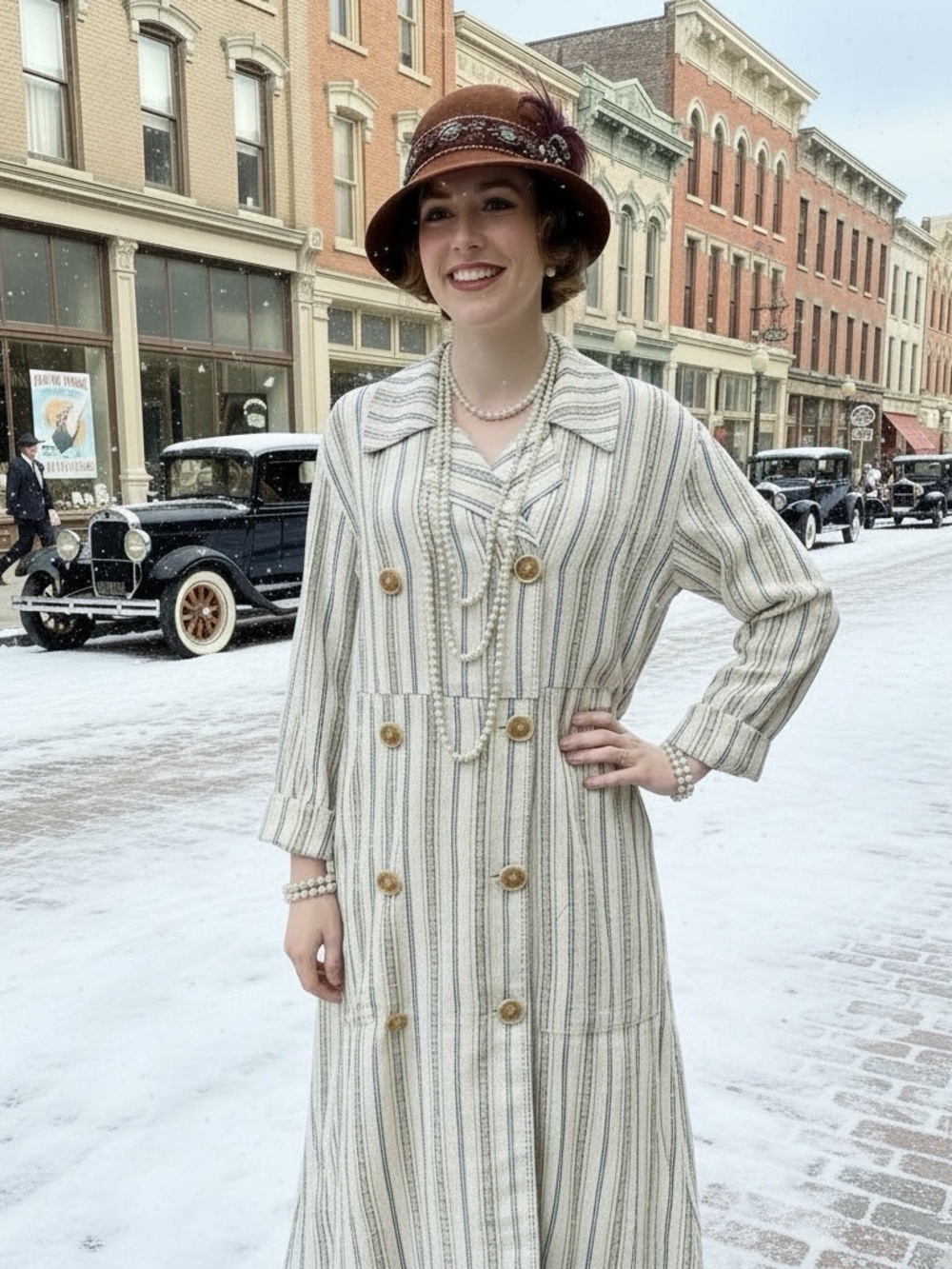 Vintage Inspired 1920s Striped Linen Duster Coat Dress Art Deco Flapper Gatsby